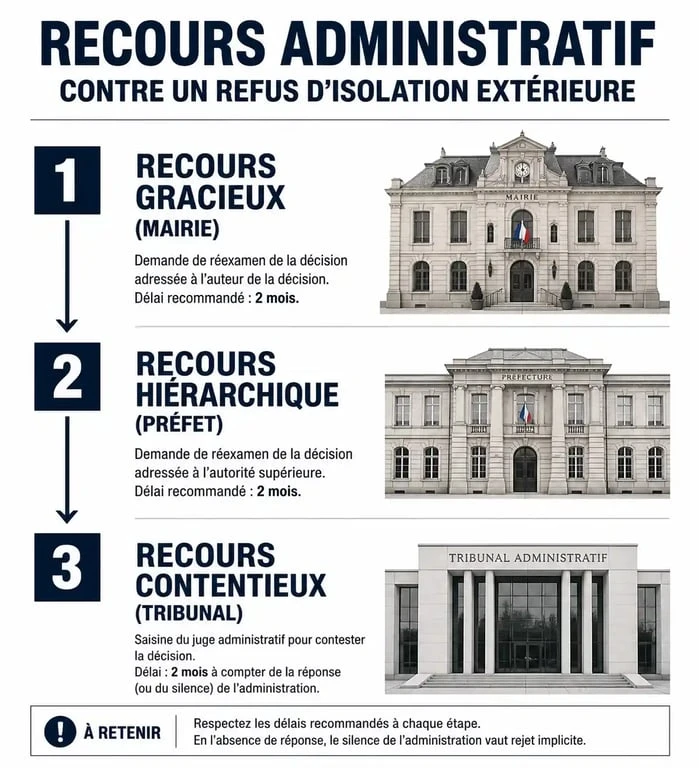 Schéma des étapes de recours administratif pour un refus d'isolation extérieure par l'ABF