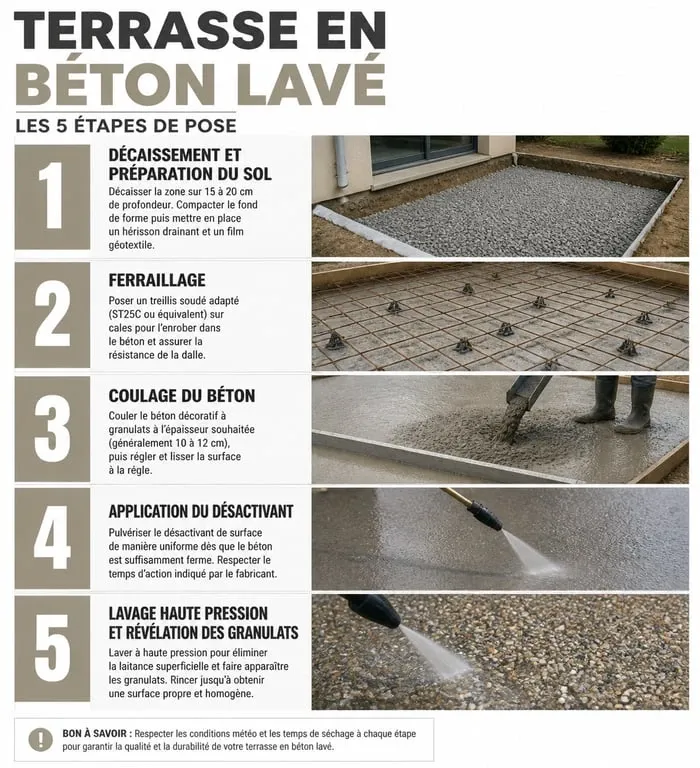 Étapes de réalisation d'une terrasse en béton lavé