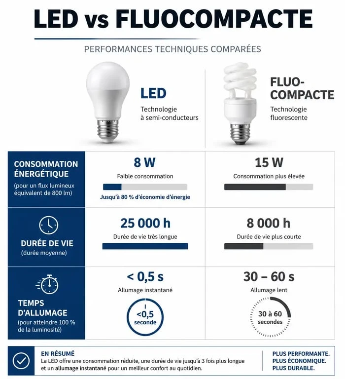 Infographie comparative des performances entre ampoule LED et ampoule fluocompacte pour choisir son ampoule économique