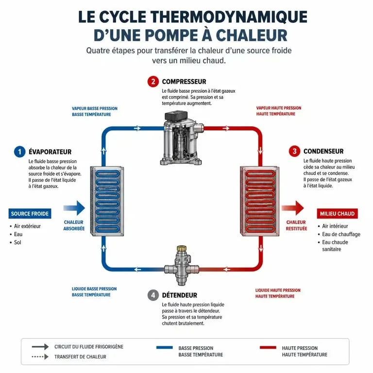 Schéma explicatif du fonctionnement d'une pompe à chaleur : cycle thermodynamique et composants