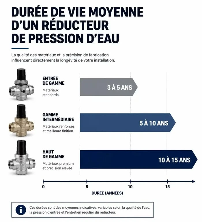 Infographie sur la durée de vie d'un réducteur de pression d'eau selon la qualité du matériel
