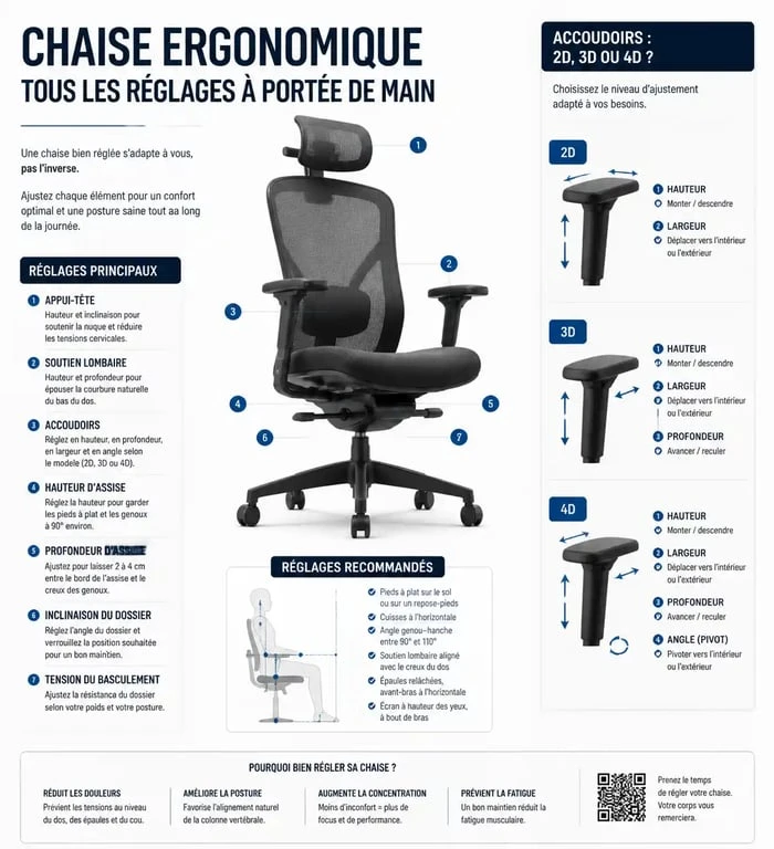 Infographie comparative des réglages d'accoudoirs pour la meilleure chaise ergonomique 2025