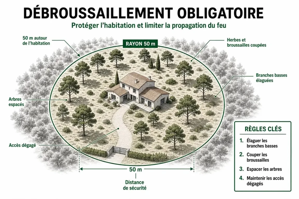 Schéma explicatif des distances du débroussaillement obligatoire autour d'une habitation