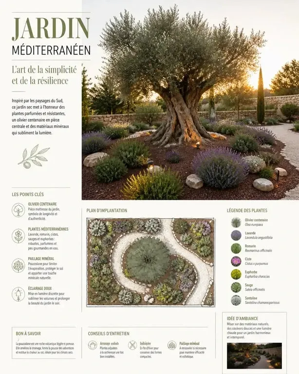Aménagement d'un olivier dans un jardin méditerranéen avec plantes compagnes et paillage minéral