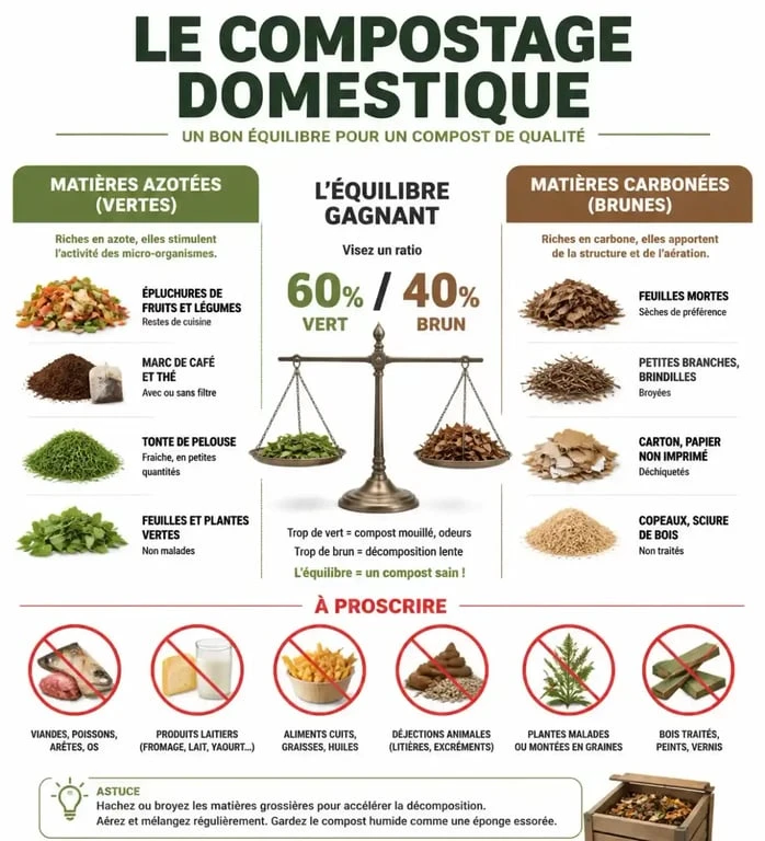 Infographie sur ce que l'on peut mettre dans un composteur : équilibre matières vertes et brunes
