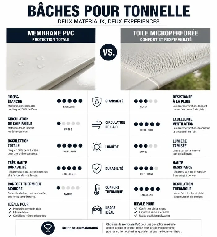 Comparatif des matériaux pour bâche tonnelle : PVC vs toile microperforée pour une protection optimale.