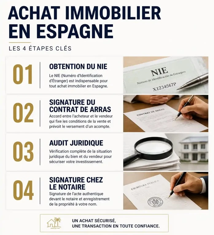 Infographie des étapes pour investir en immobilier en Espagne