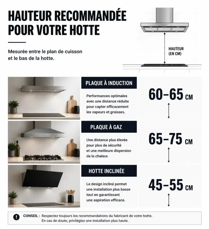 Schéma des hauteurs idéales pour installer une hotte au-dessus d'un plan de travail selon le type de plaque de cuisson