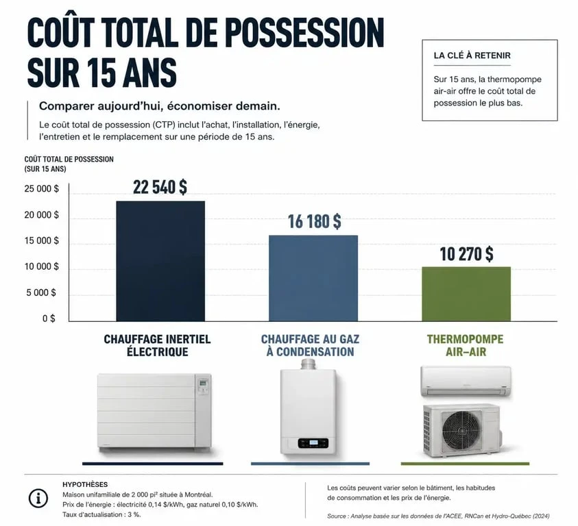 Comparatif du coût global de possession sur 15 ans pour le chauffage individuel électrique, le gaz et la pompe à chaleur.