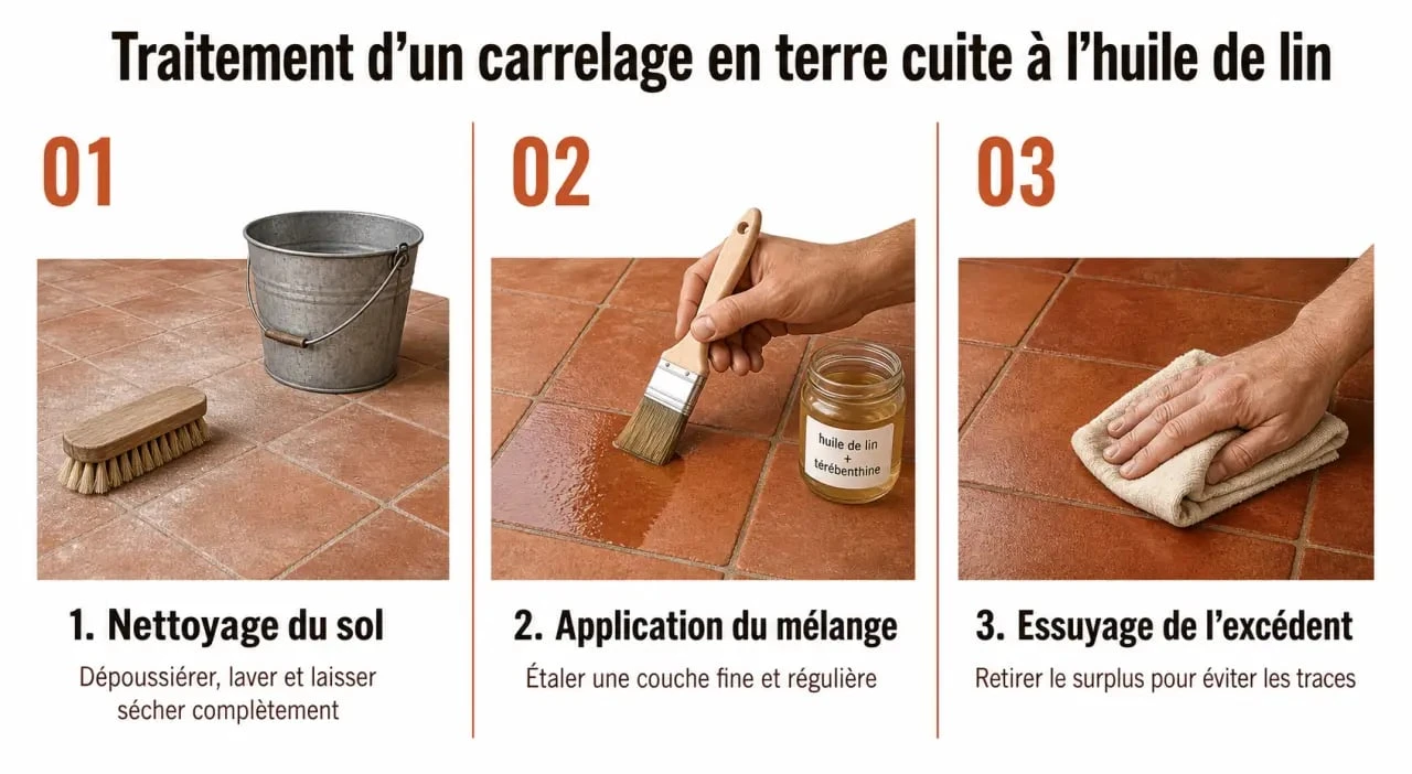Étapes d'application de l'huile de lin sur carrelage en terre cuite