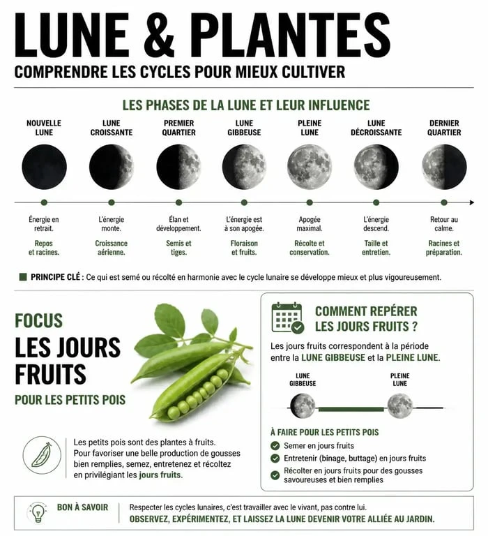 Infographie sur l'influence de la lune pour semer les petits pois et réussir son potager