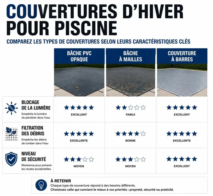 Comparatif des types de bâches d'hiver pour piscine : opaque, filtrante et à barres