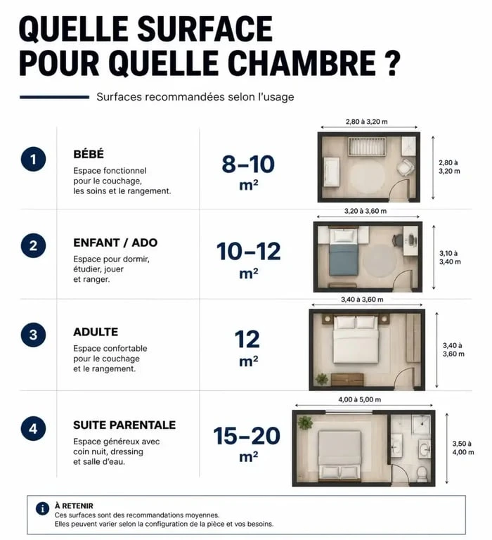 Infographie des surfaces recommandées pour une chambre selon l'usage