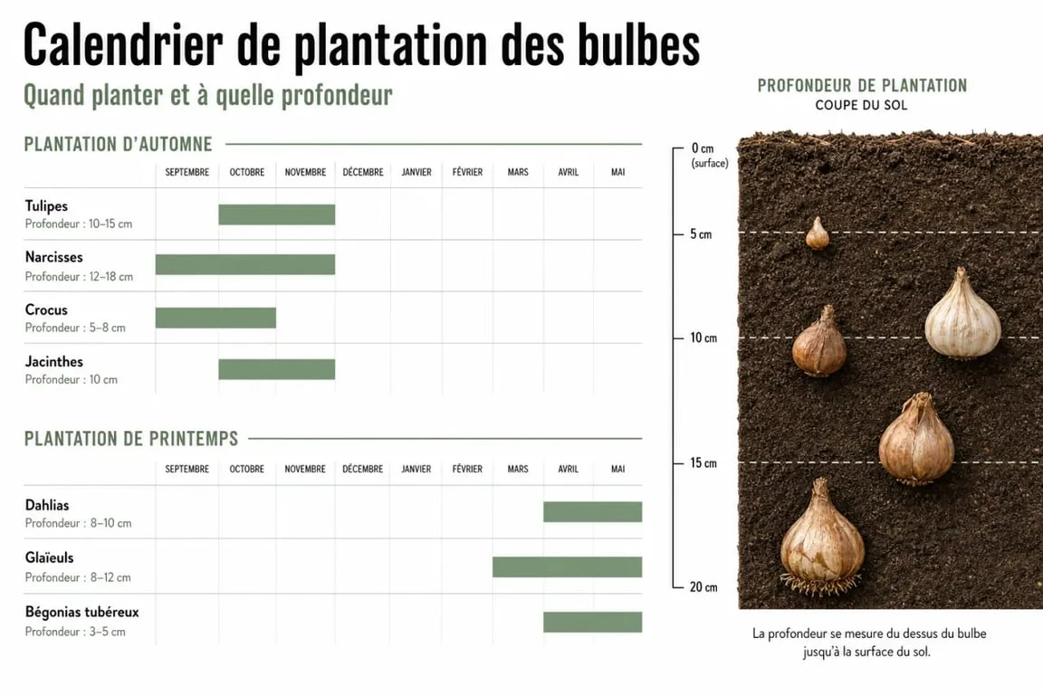 Infographie du calendrier de plantation des bulbes de fleurs par saison et profondeur