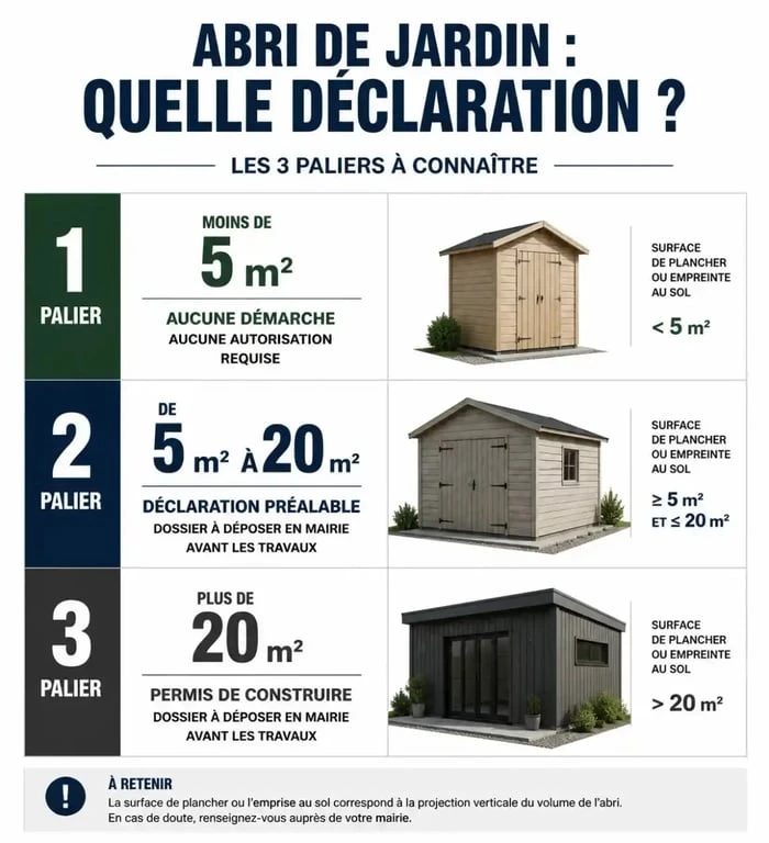 Infographie des seuils de déclaration de travaux pour un abri de jardin selon la surface