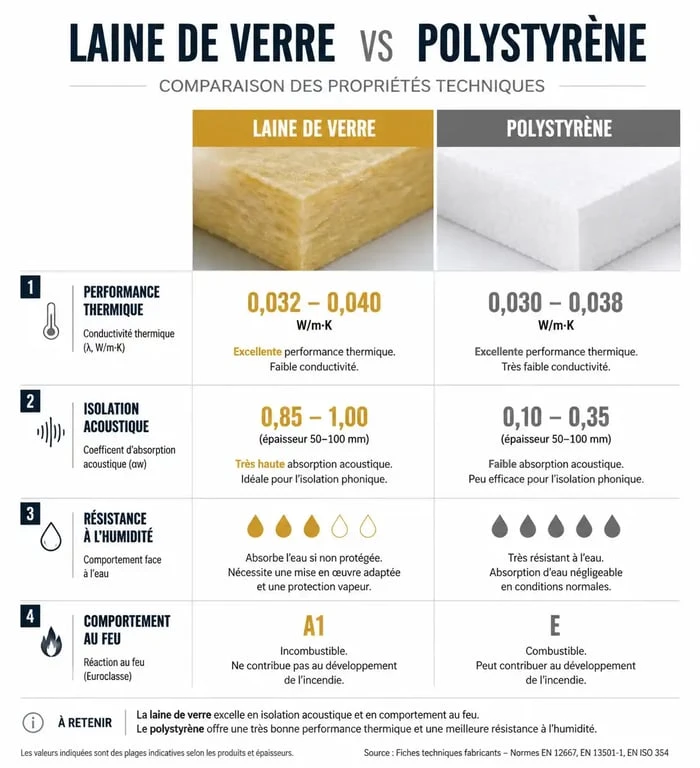 Comparatif isolation polystyrène ou laine de verre : propriétés thermiques et acoustiques