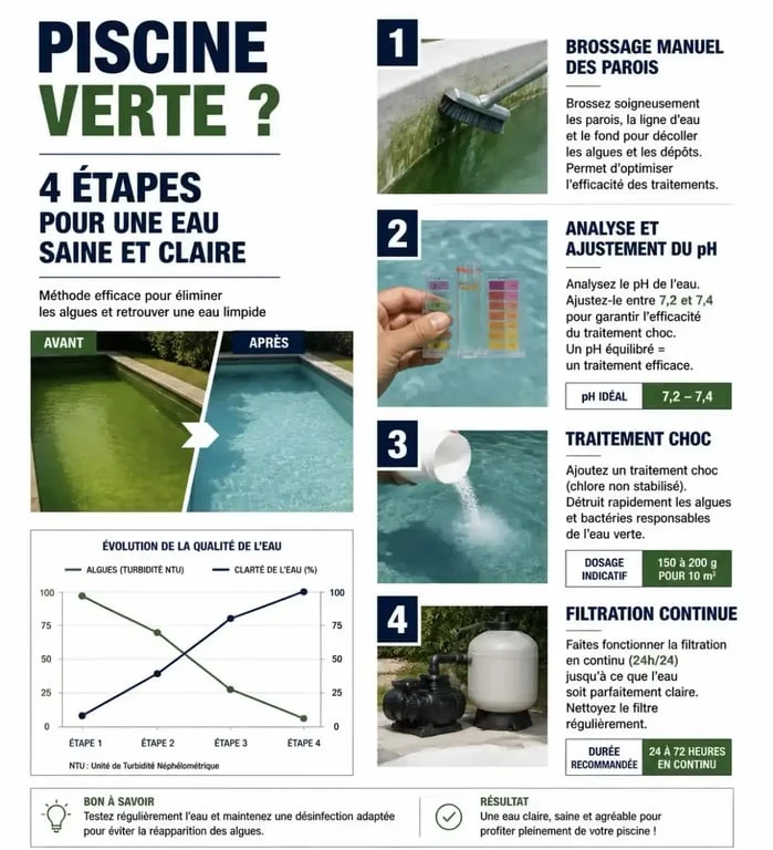 Infographie des étapes pour nettoyer une piscine verte et retrouver une eau claire