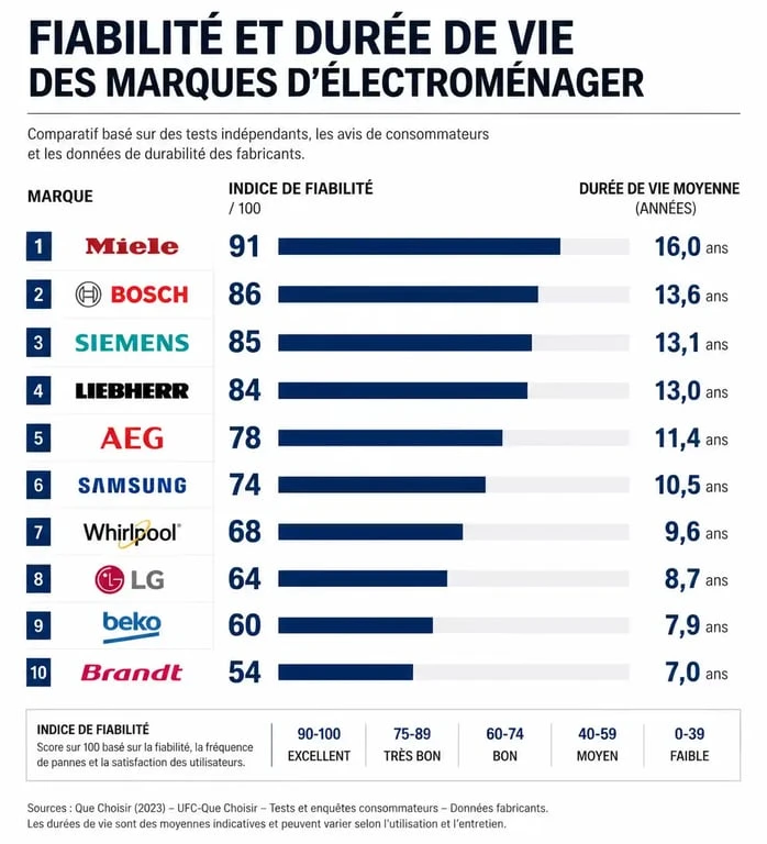 Infographie comparative de la fiabilité et durée de vie des marques d'électroménager à éviter ou privilégier