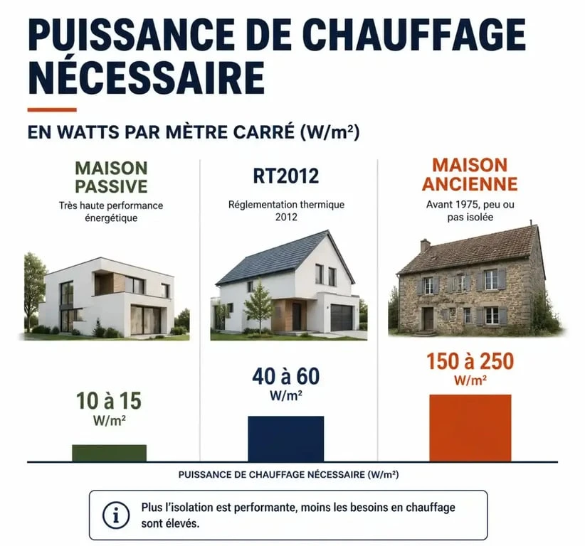 Infographie sur la puissance de radiateur par m2 selon l'isolation