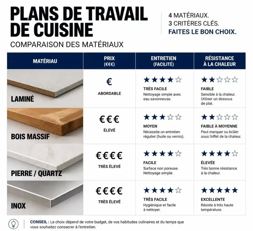 Comparatif des matériaux pour un plan de travail de 80 cm de profondeur : stratifié, bois, pierre et inox.