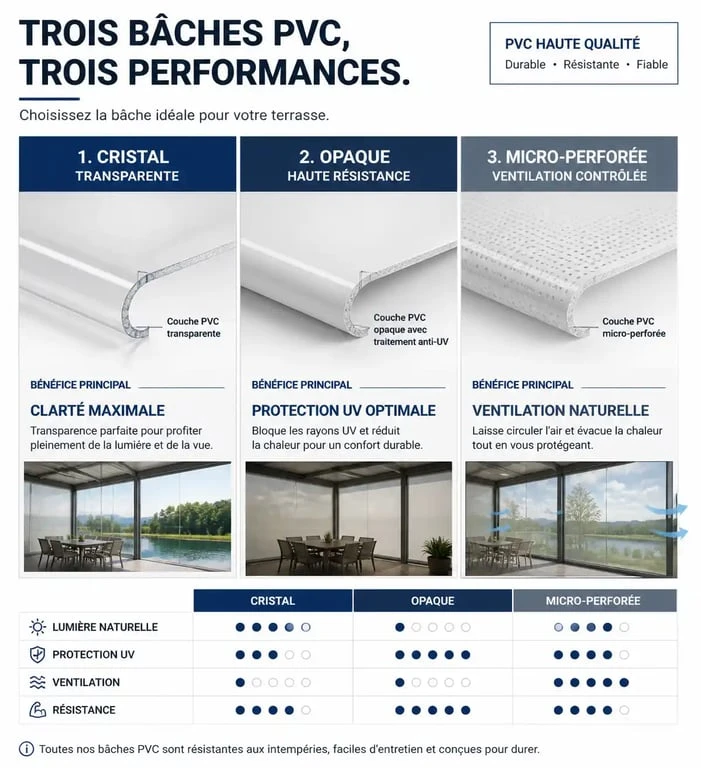 Comparatif des types de bache terrasse sur mesure : PVC Cristal, Opaque et Micro-perforée