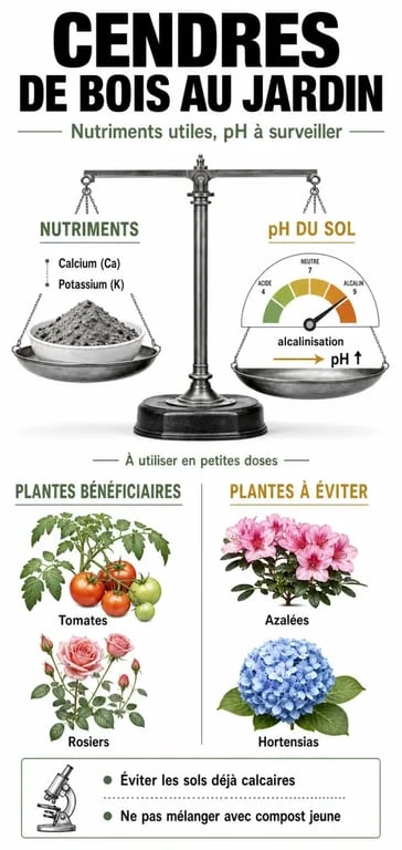 Infographie sur les bienfaits et précautions d'utilisation des cendres de bois au jardin