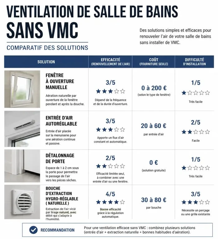 Infographie comparative des solutions pour ventiler une salle de bain sans VMC