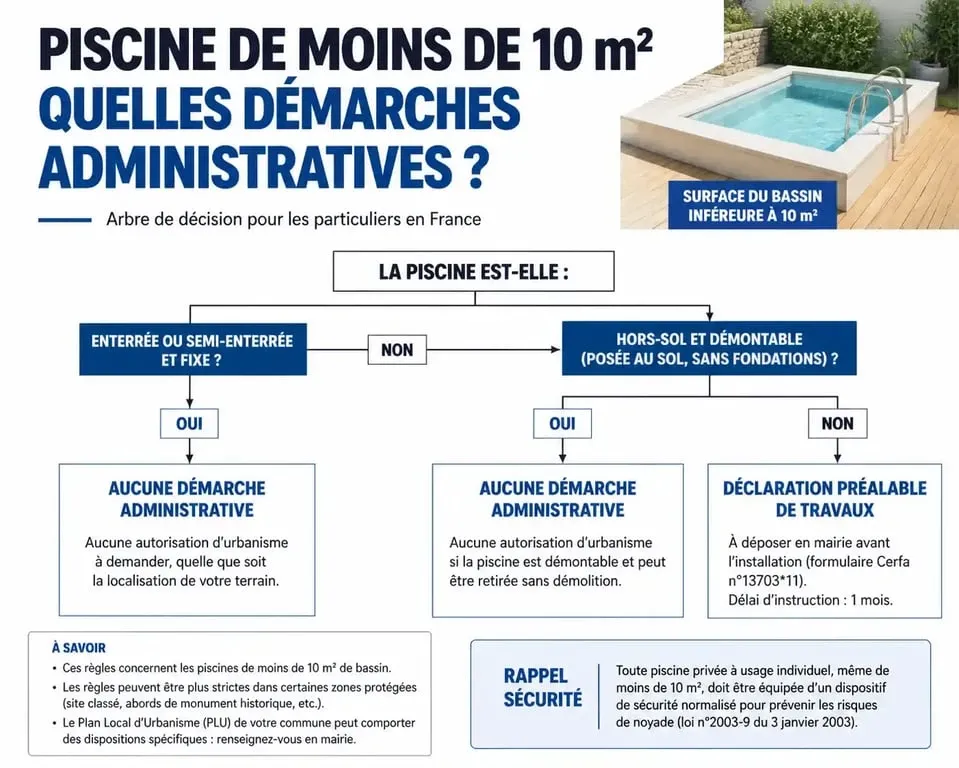 Infographie des démarches administratives pour une piscine de moins de 10m2 réglementation
