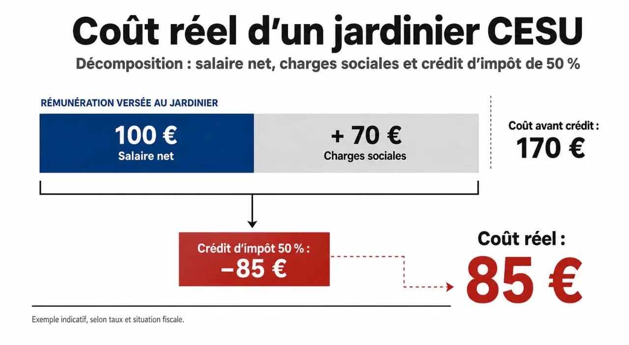 Graphique explicatif du coût d'un jardinier CESU avec crédit d'impôt de 50% pour comprendre le tarif jardinier cesu