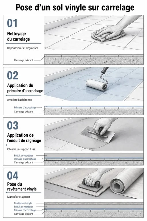 Étapes de pose de lino sur carrelage : préparation, ragréage et installation du revêtement