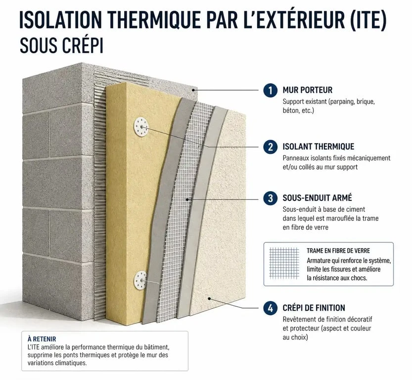 Schéma de la structure multicouche d'un crépi isolant pour façade