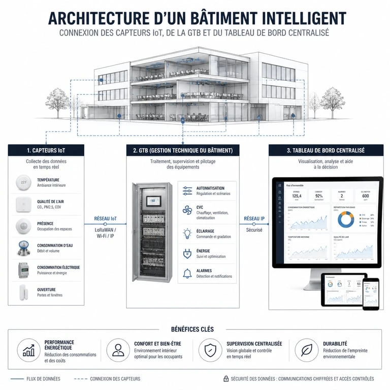 Architecture technique d'un bâtiment intelligent avec capteurs IoT et GTB