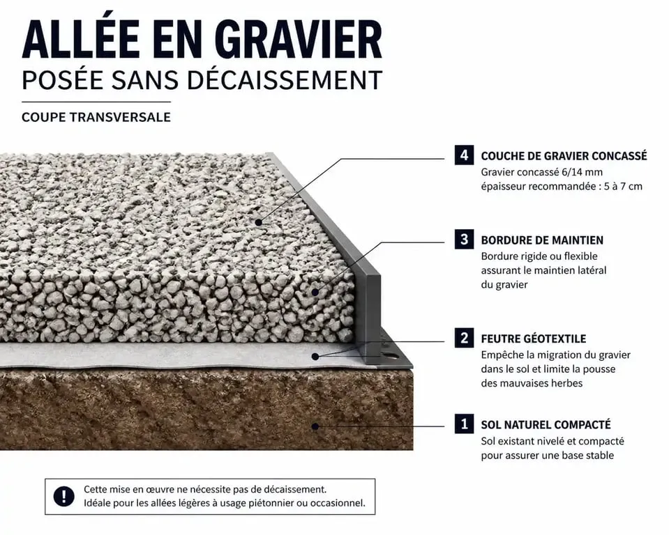 Schéma en coupe d'une allée en gravier posée sans décaissement avec géotextile et bordures