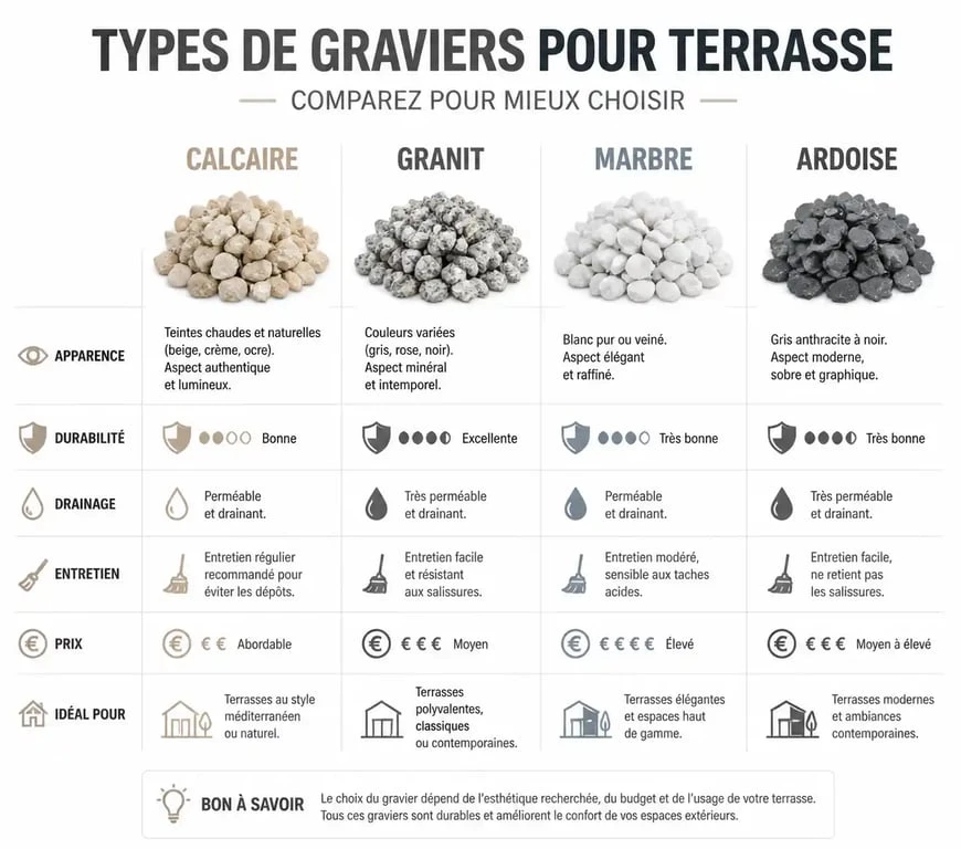 Infographie comparative des types de graviers pour terrasse : calcaire, granit, marbre et ardoise