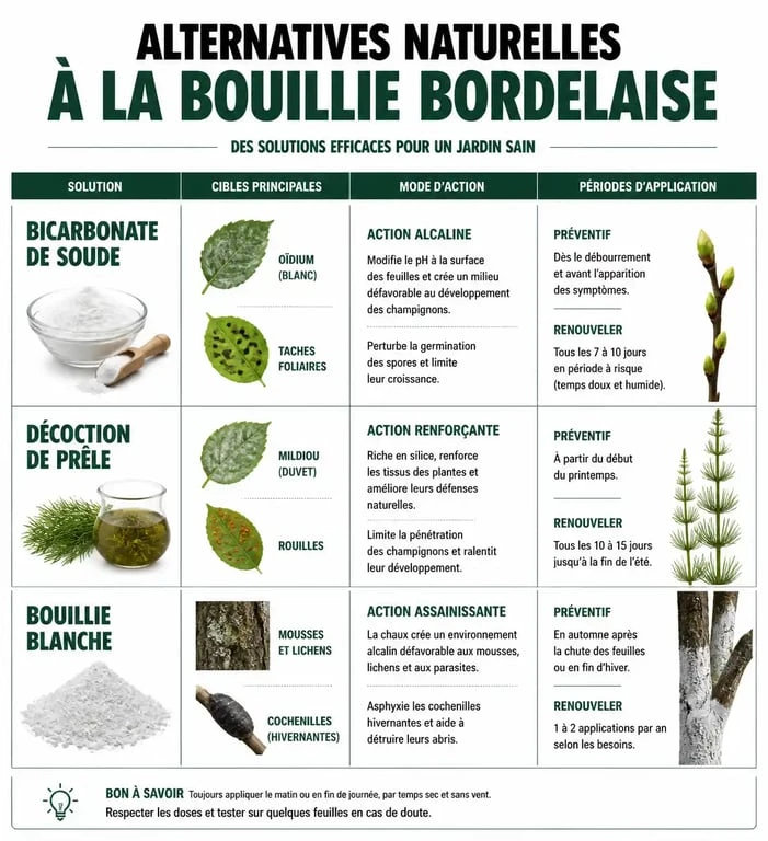 Infographie comparative des alternatives naturelles à la bouillie bordelaise pour remplacer le cuivre au jardin