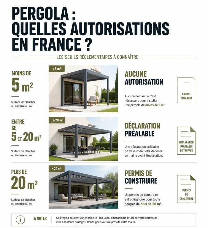 Infographie des seuils réglementaires pour l'installation d'une pergola démontable sans autorisation en France
