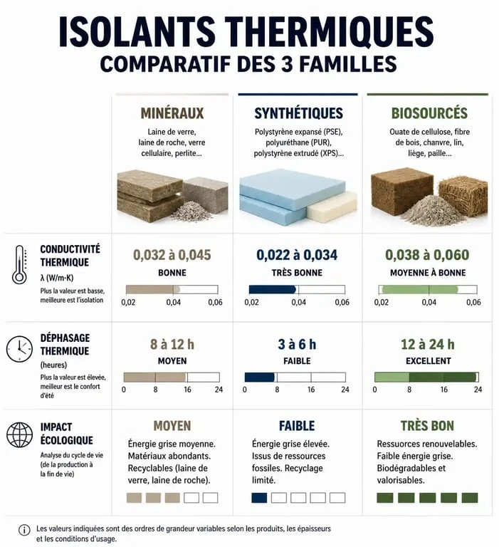 Comparatif des isolants thermiques : minéraux, synthétiques et biosourcés pour choisir le meilleur isolant thermique.