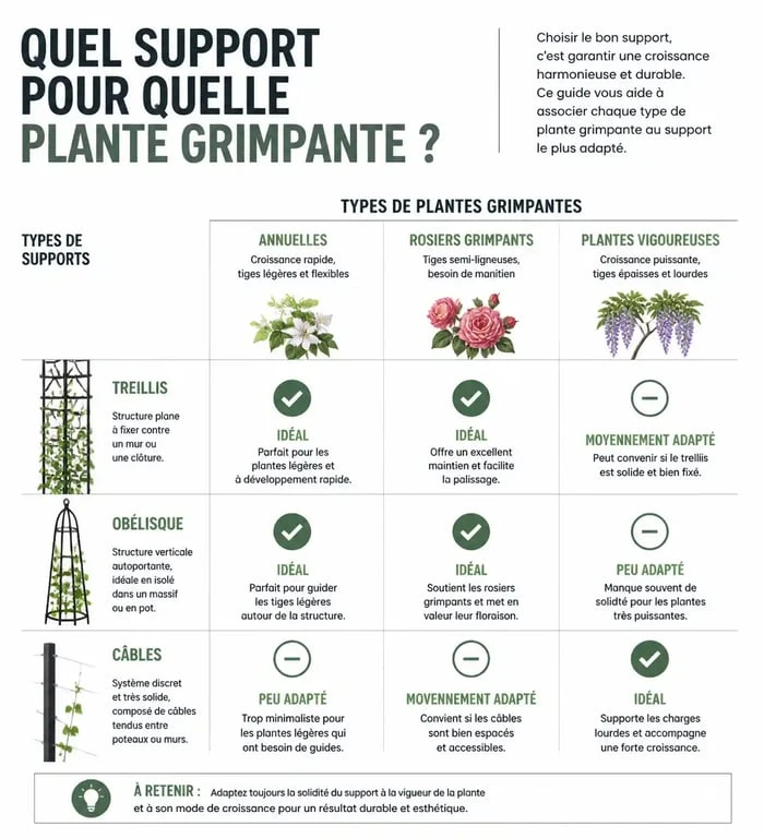 Infographie comparative des supports pour plantes grimpantes : treillis, obélisques et câbles pour choisir le meilleur support plante grimpante
