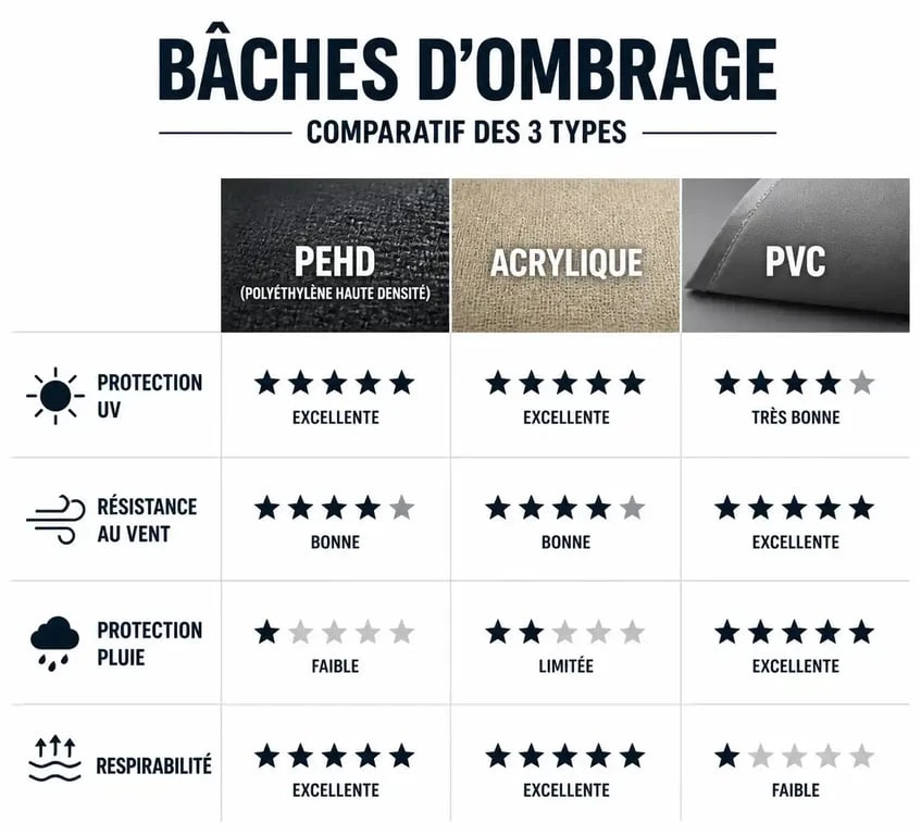 Comparatif des types de bâches d'ombrage : PEHD, acrylique et PVC pour choisir la protection idéale.
