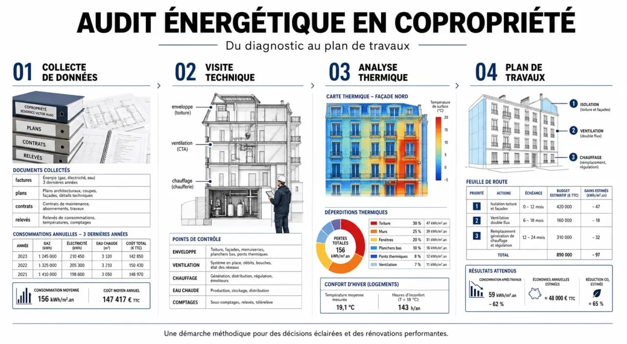 Schéma des étapes d'un audit énergétique en copropriété pour la rénovation thermique.