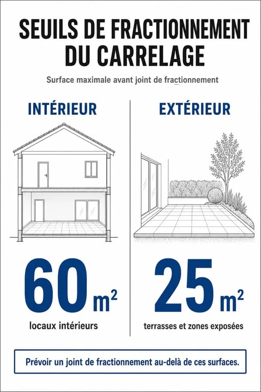 Infographie des seuils de pose pour joint de dilatation carrelage intérieur et extérieur