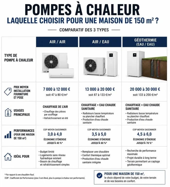Comparatif des prix et types de pompes à chaleur pour une maison de 150m2