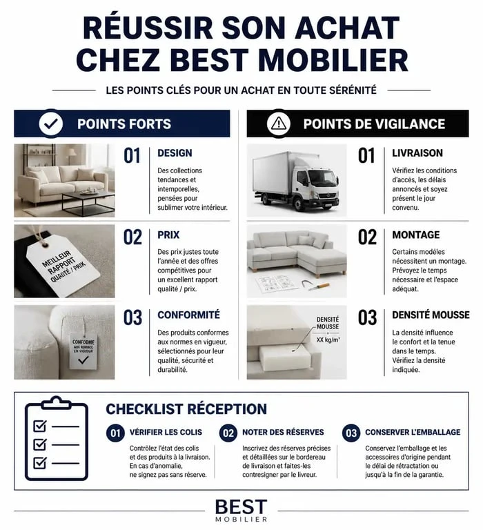 Infographie récapitulative des avis et conseils pour l'achat de mobilier sur Best Mobilier