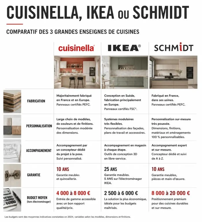 Comparatif des marques de cuisine Cuisinella, IKEA et Schmidt pour choisir sa cuisine