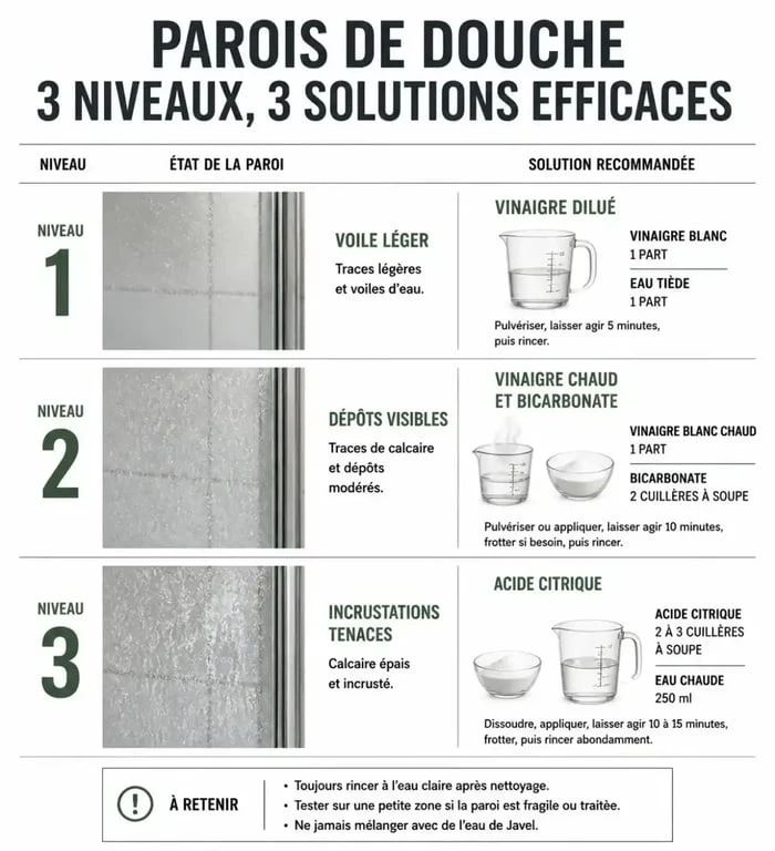 Infographie des méthodes naturelles pour enlever le calcaire sur les parois de douche selon le niveau d'incrustation
