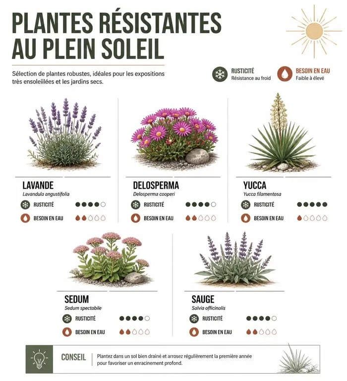 Infographie des meilleures plantes plein soleil sans arrosage pour un jardin résistant à la sécheresse