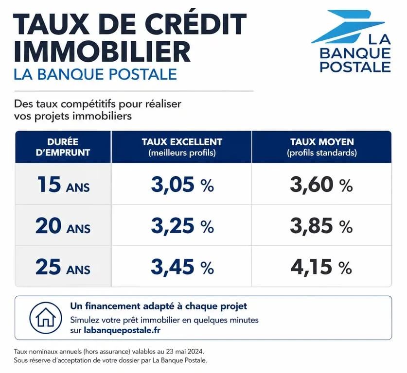 Tableau comparatif des taux de crédit immobilier à La Banque Postale selon la durée du prêt