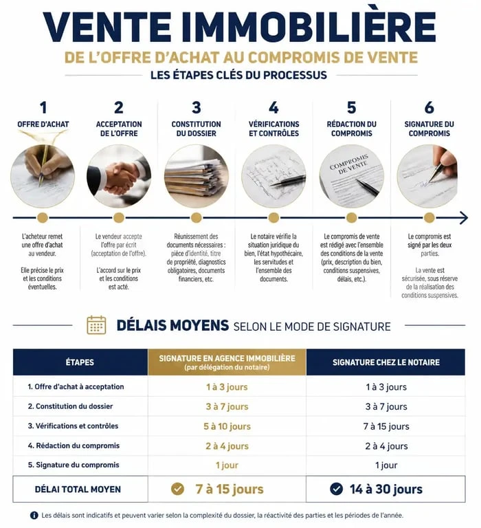 Infographie illustrant le délai entre l'offre d'achat et le compromis de vente immobilier