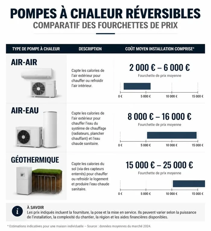 Comparatif des prix des pompes à chaleur clim réversible par technologie