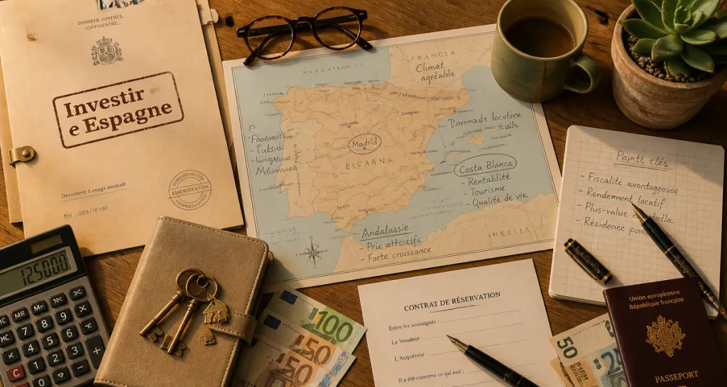 investir en immobilier en espagne, bureau avec carte et clés